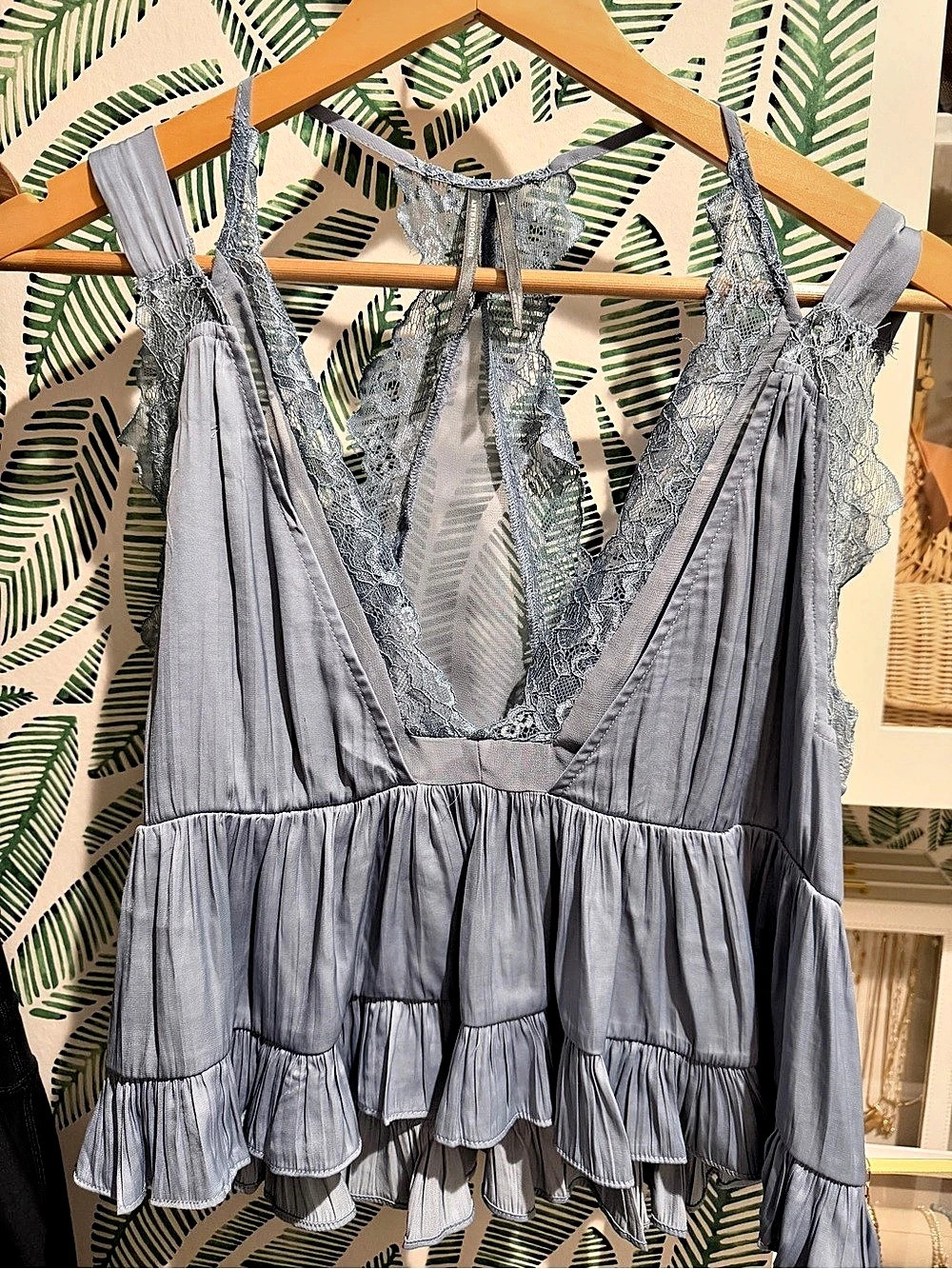 Anthropologie Lace Trim Ruffle Top in light blue Like New